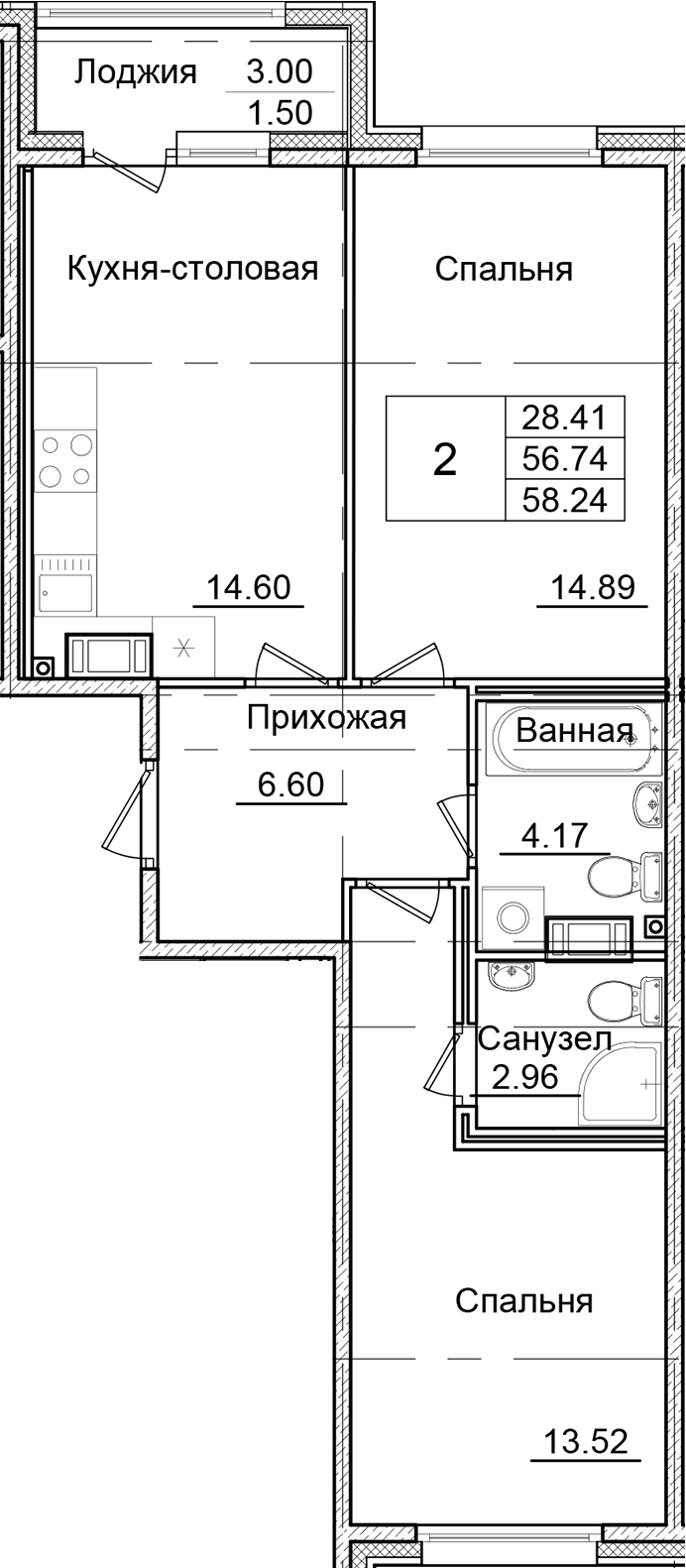 2-комнатная квартира 58.24 м², 6/9 эт., ЖК «Квартал Заречье»